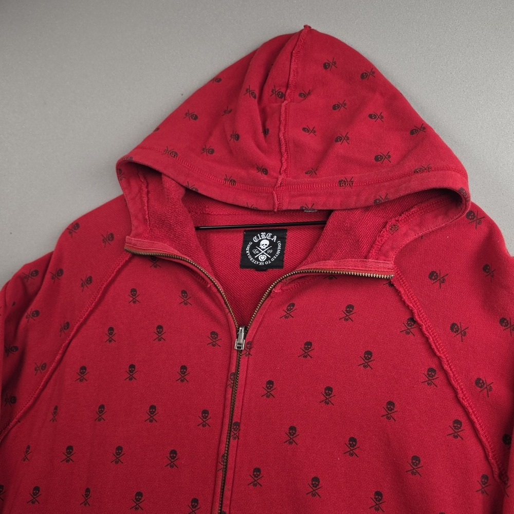 Circa Mens Large Red Skull Crossbones All Over Print Zip Up Skate Hoodie Y2K Top